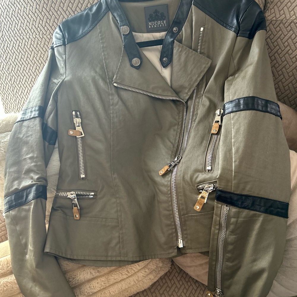 Nicole Miller Khaki and Black Leather Jacket